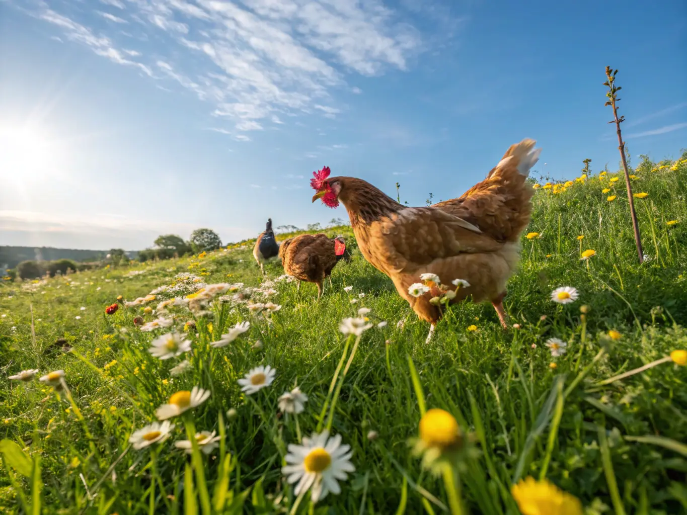 A detailed photograph showcasing free-range chickens roaming on a lush green pasture at PoultryHub, emphasizing their natural and healthy environment.